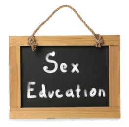 Small black chalkboard with words Sex Education on white background