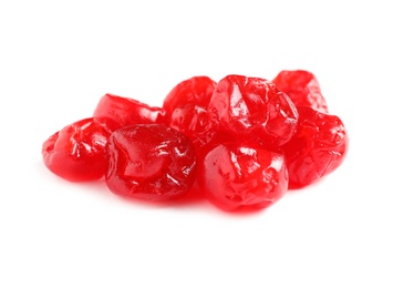 Photo of Tasty cherries on white background. Dried fruits as healthy food