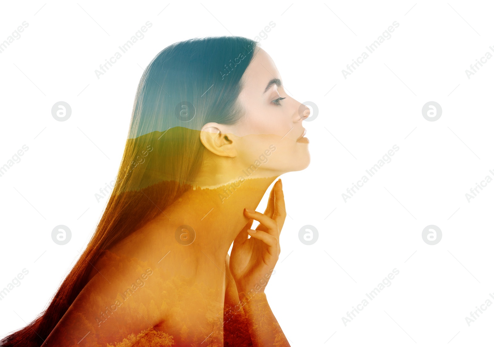 Image of Harmony, balance, mindfulness. Beautiful woman and mountains, double exposure