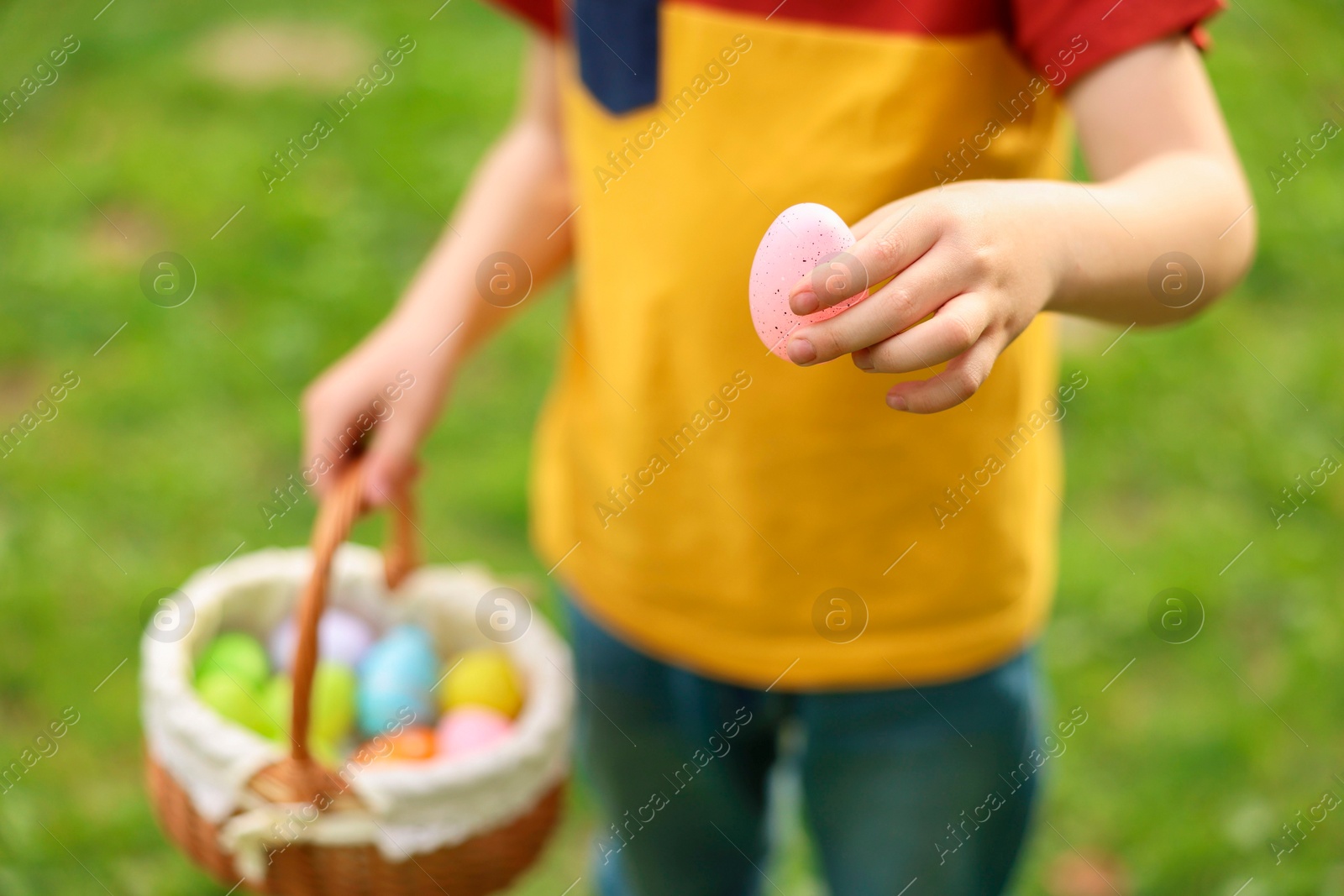 Photo of Easter celebration. Little boy holding basket with painted eggs outdoors, closeup