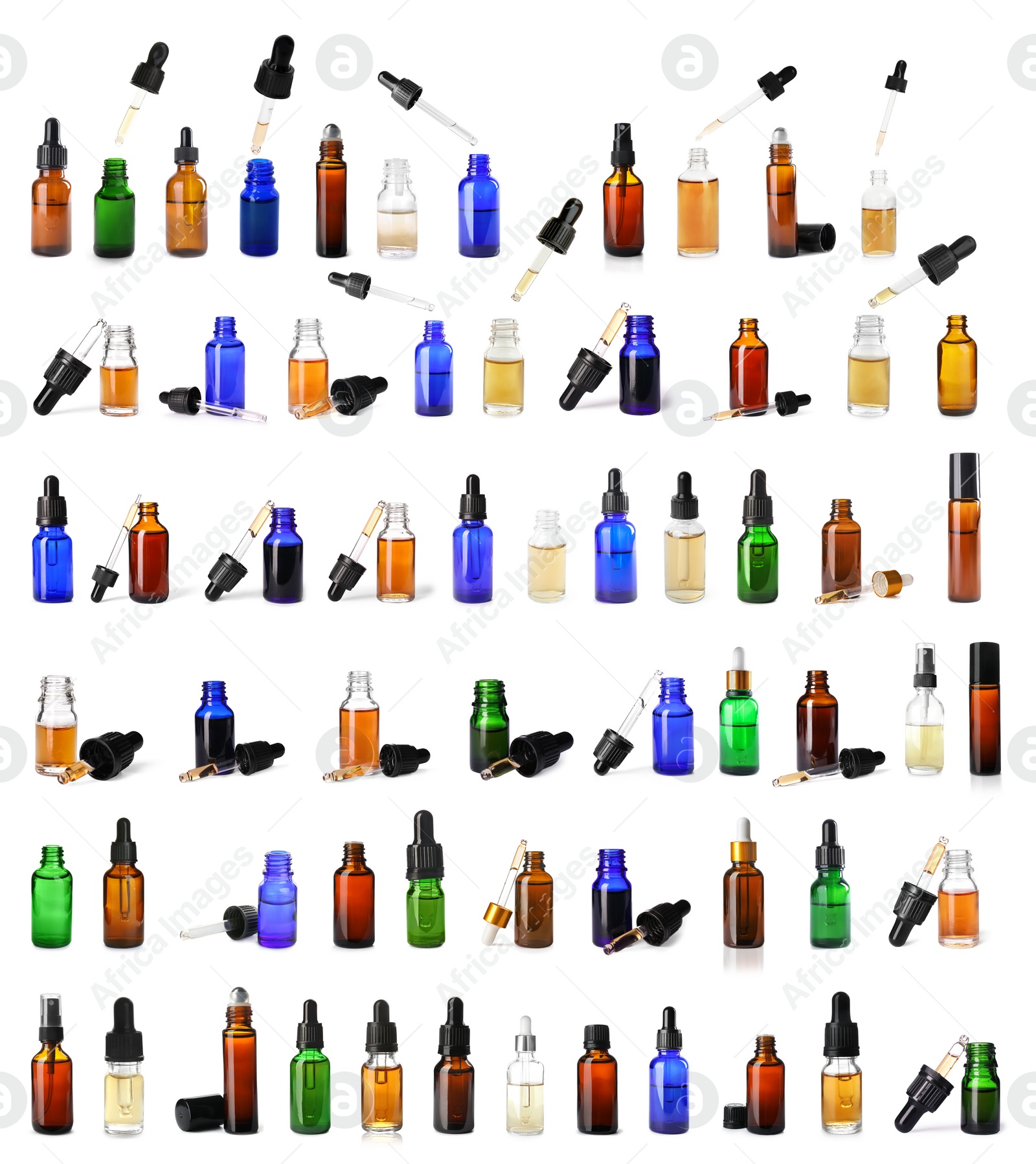 Image of Set with bottles of different essential oils on white background