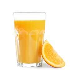 Glass of orange juice and fresh fruit isolated on white