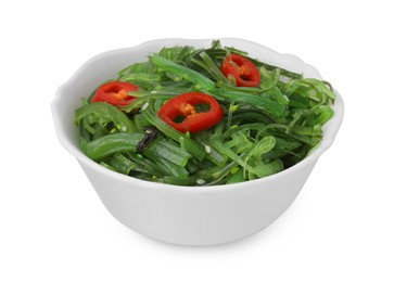 Photo of Tasty seaweed salad in bowl isolated on white