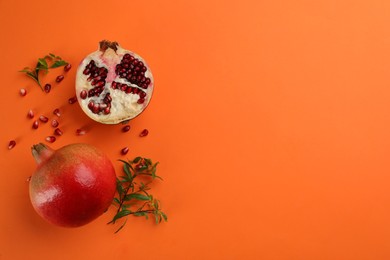 Flat lay composition with ripe pomegranates on orange background. Space for text