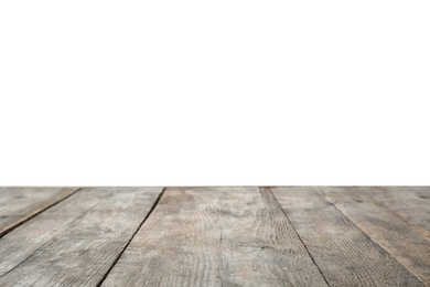 Photo of Empty wooden surface against white background. Mockup for design