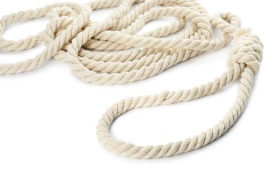 Photo of Rope noose with knot on white background