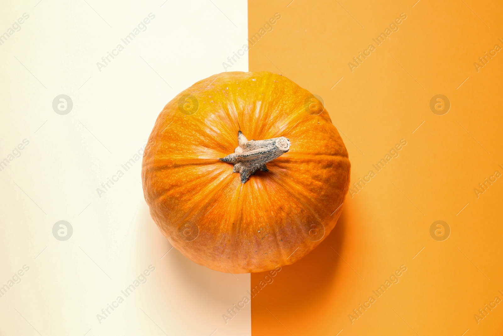 Photo of Orange pumpkin on color background, top view. Autumn holidays