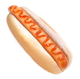 Photo of Yummy hot dog with ketchup isolated on white