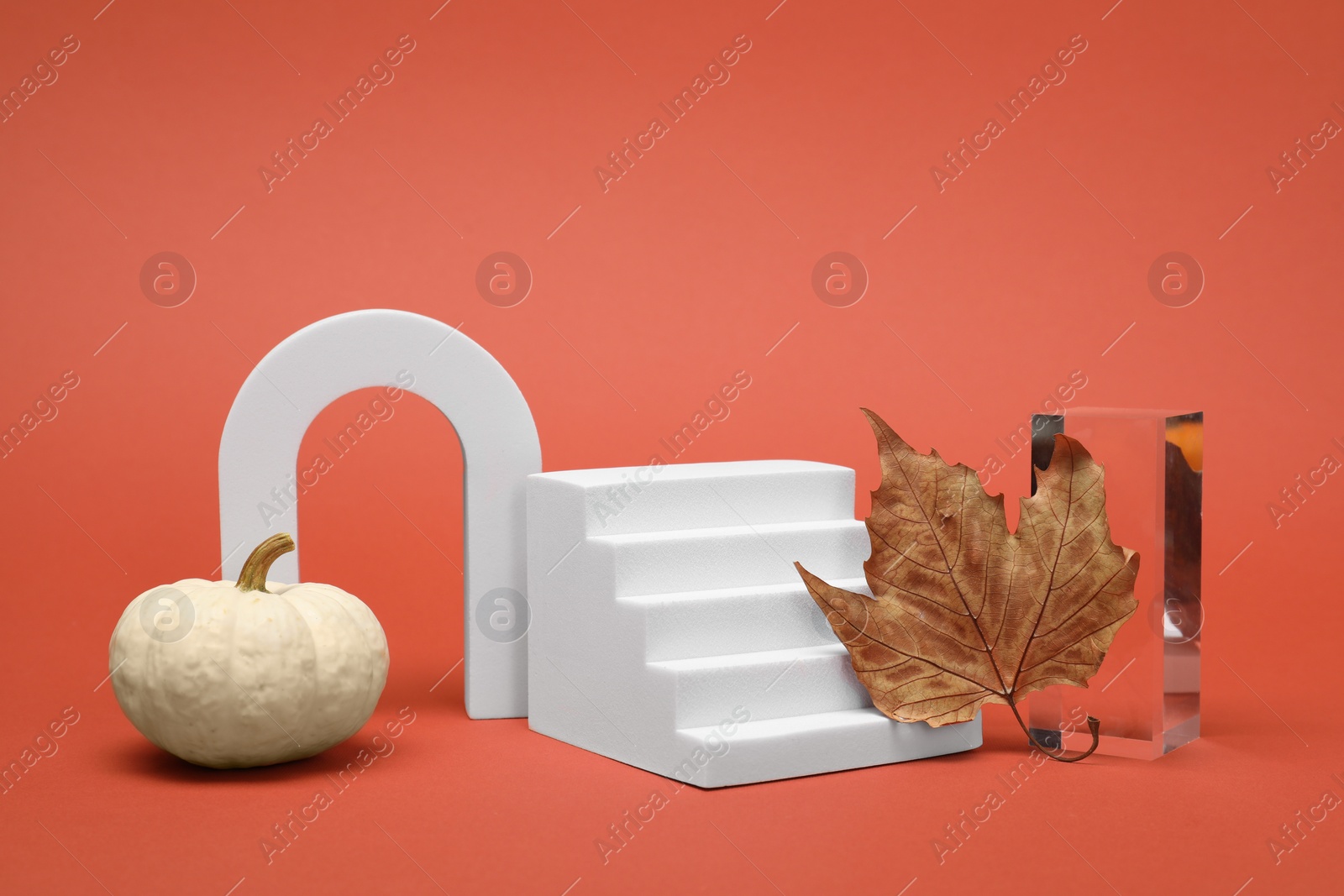 Photo of Autumn presentation for product. Geometric figures, pumpkin and dry leaf on coral background