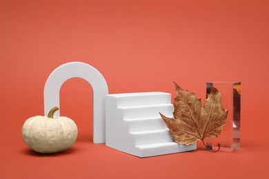 Autumn presentation for product. Geometric figures, pumpkin and dry leaf on coral background