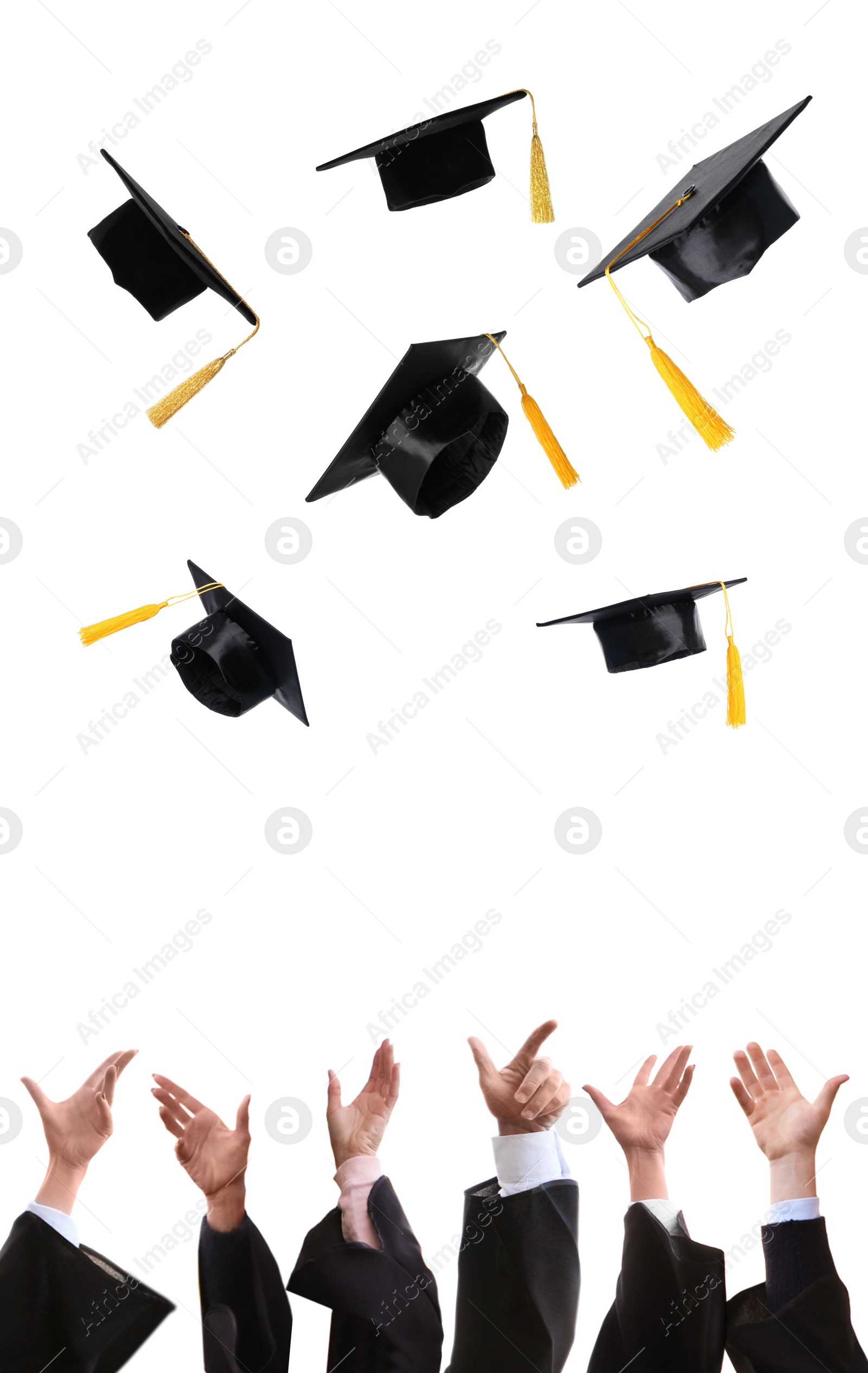 Image of Group of graduates throwing hats against white background, closeup. Vertical banner design