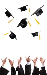 Image of Group of graduates throwing hats against white background, closeup. Vertical banner design