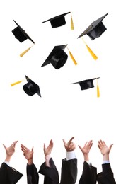 Group of graduates throwing hats against white background, closeup. Vertical banner design