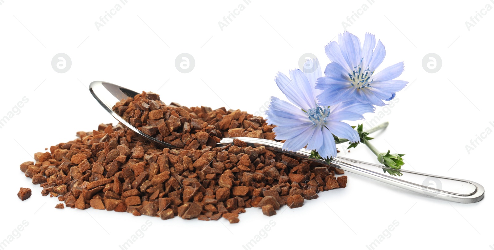 Photo of Pile of chicory granules and flowers on white background