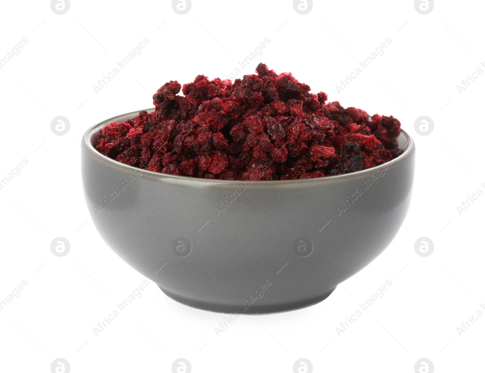 Photo of Dried red currants in bowl isolated on white