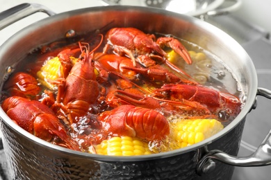 Photo of Fresh delicious crayfishes in boiling water on stove, closeup