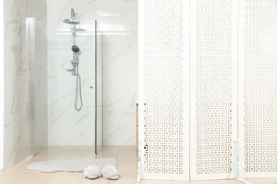 Modern bathroom interior with shower stall and folding screen