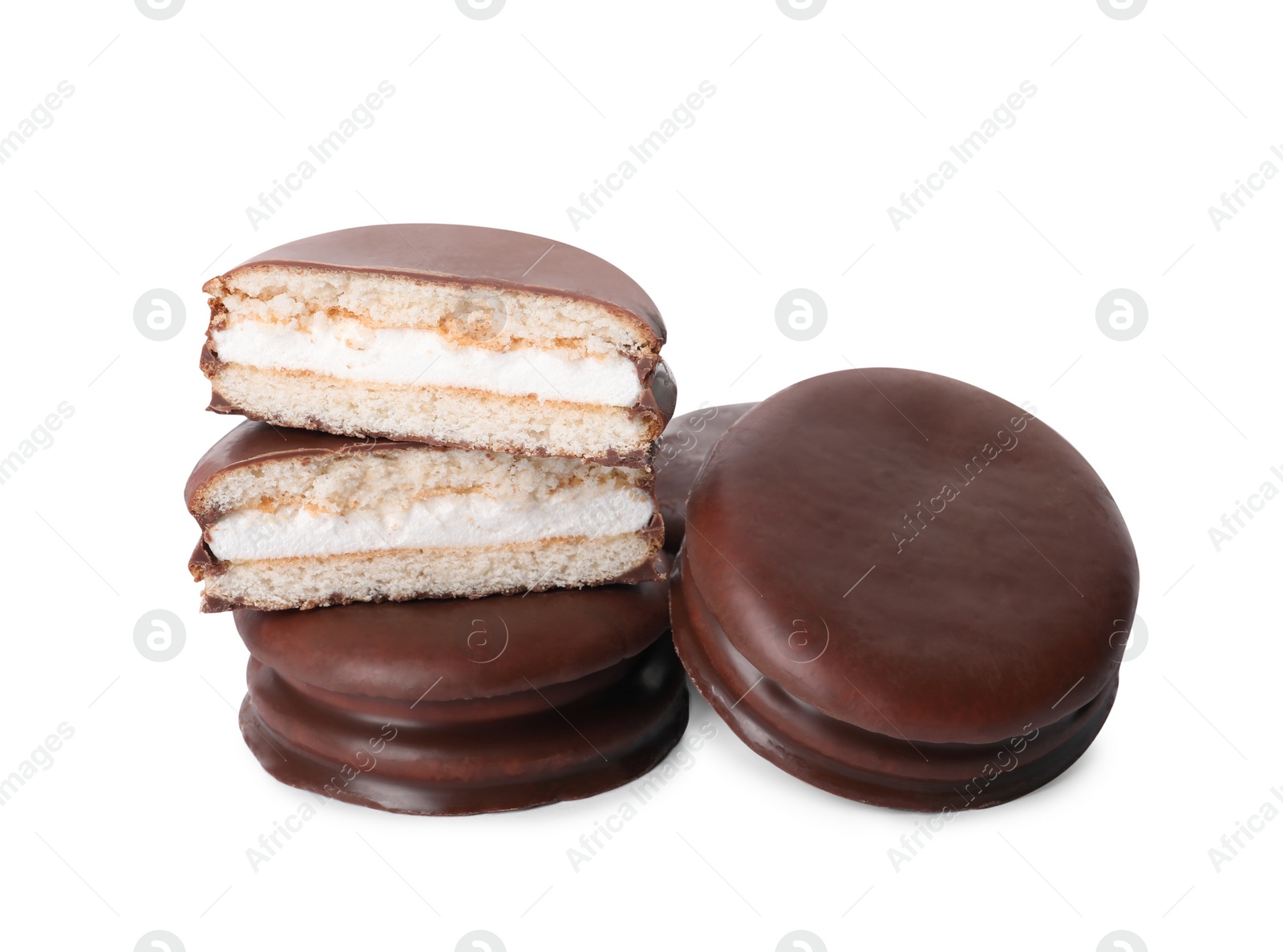 Photo of Delicious choco pies on white background. Classic snack cakes