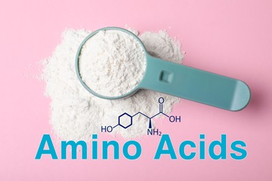 Measuring scoop of amino acids powder on pink background, top view 