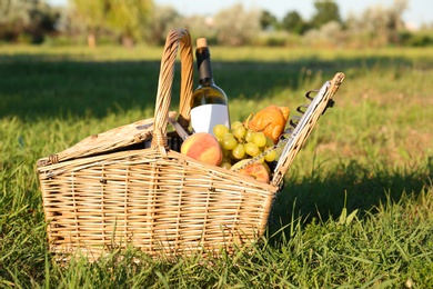 Photo of Picnic basket with snacks and bottle of wine on green grass in park