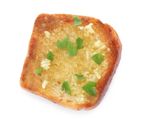 Photo of Slice of toasted bread with garlic and herb on white background, top view