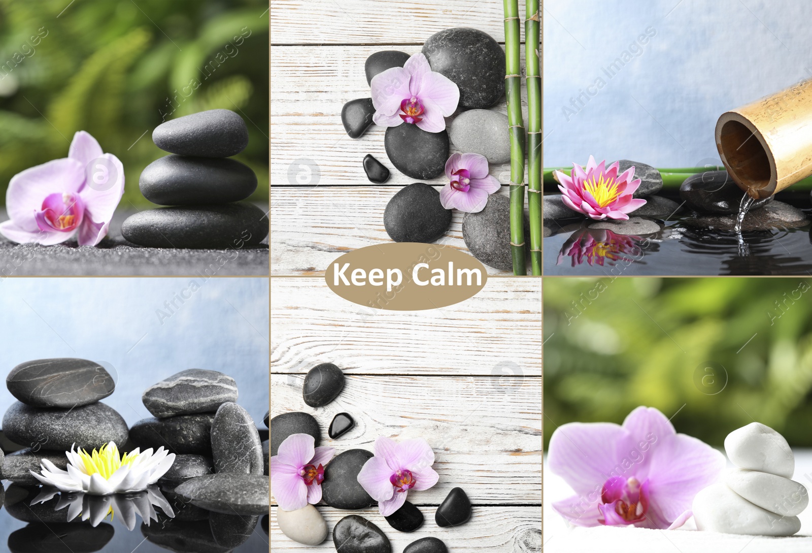 Image of Collage with photos of stones and flowers. Zen and harmony