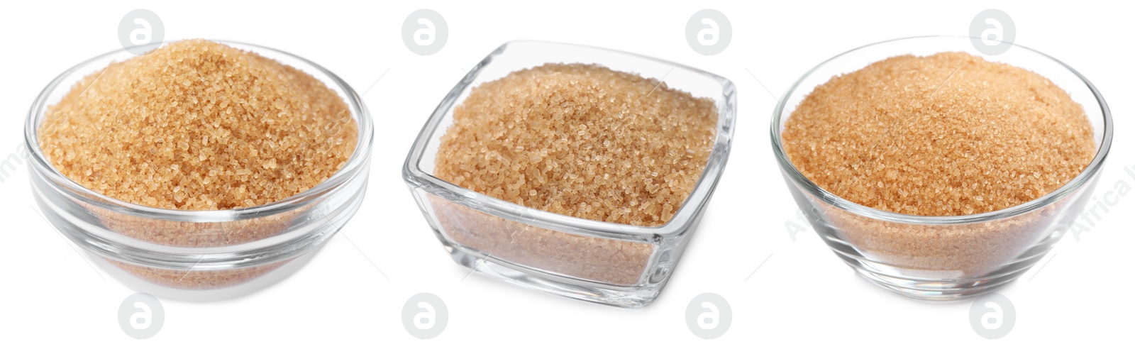 Image of Bowls of brown sugar on white background, banner design