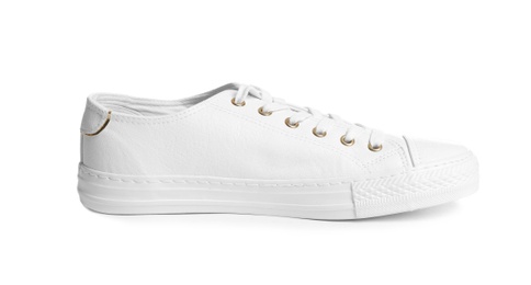 Photo of Stylish sneaker on white background. Trendy footwear