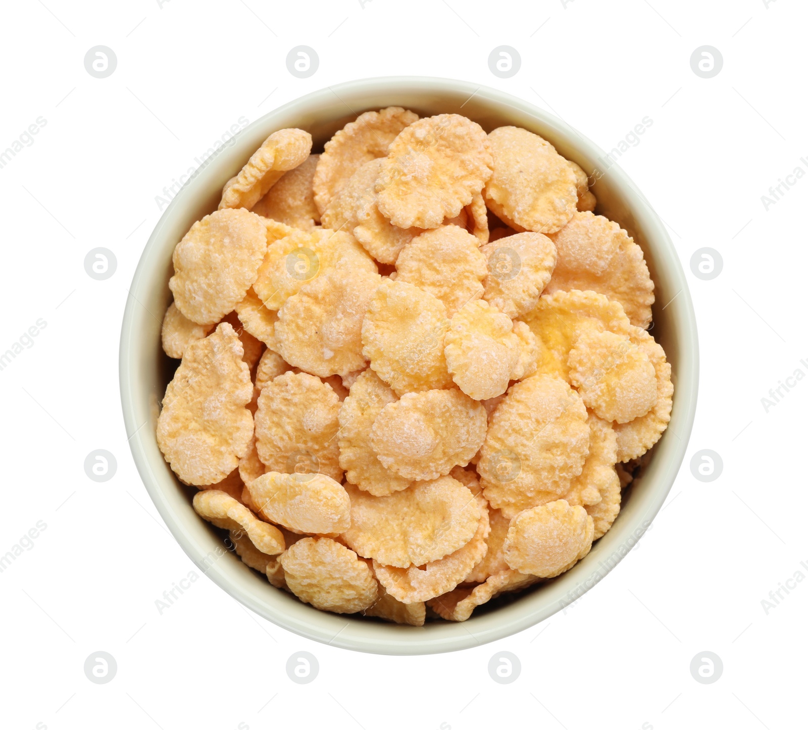 Photo of Bowl of tasty corn flakes isolated on white, top view