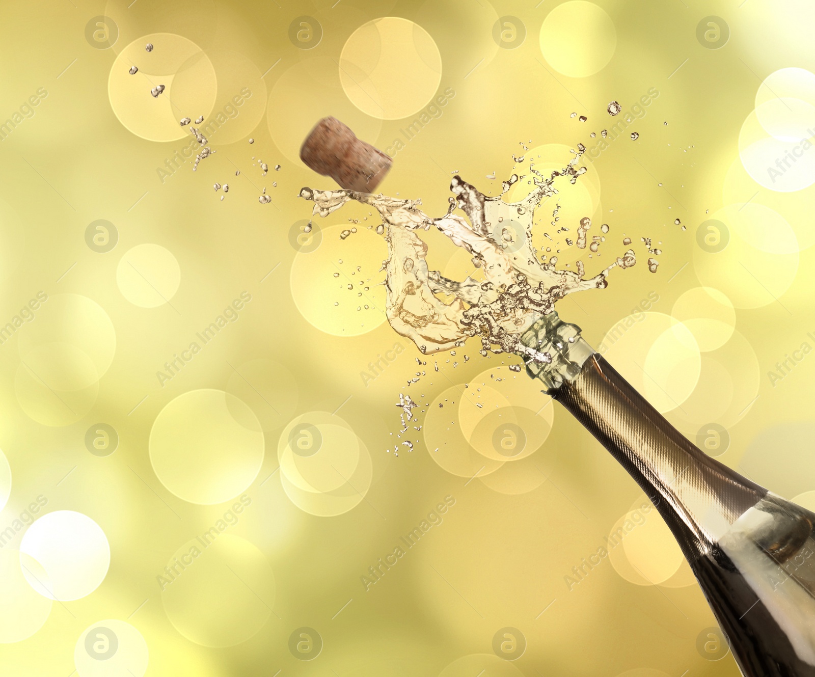 Image of Sparkling wine splashing out of bottle and glasses on color background, bokeh effect