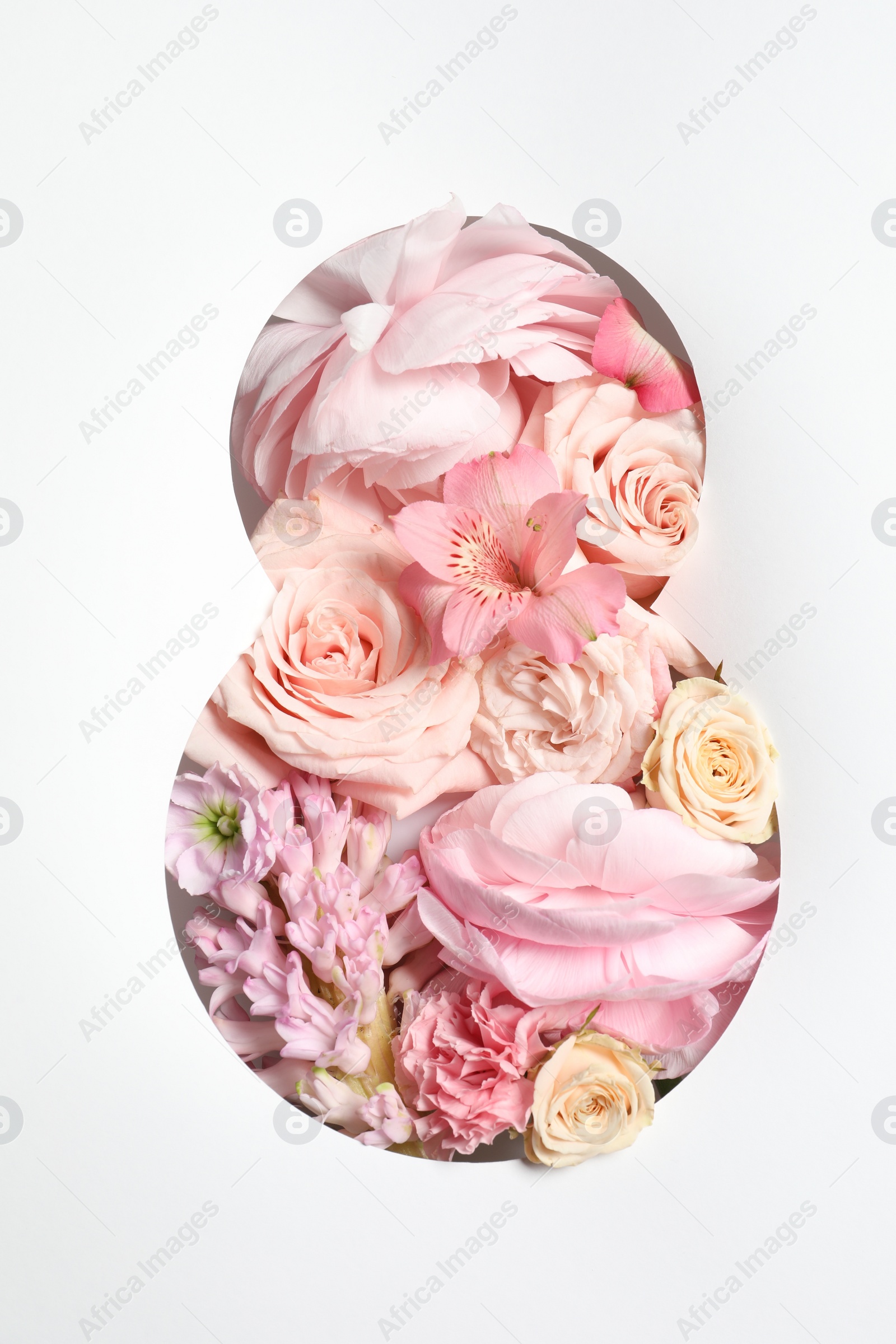 Photo of 8 March greeting card design with flowers, top view. Happy International Women's Day