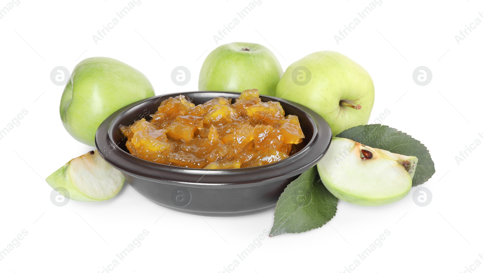 Photo of Bowl of delicious apple jam and fresh fruits isolated on white
