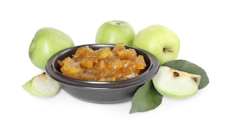 Photo of Bowl of delicious apple jam and fresh fruits isolated on white