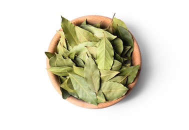 Photo of Aromatic bay leaves in wooden bowl on white background, top view