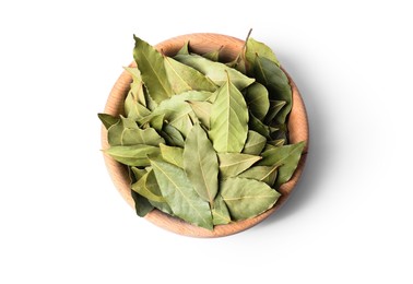 Aromatic bay leaves in wooden bowl on white background, top view