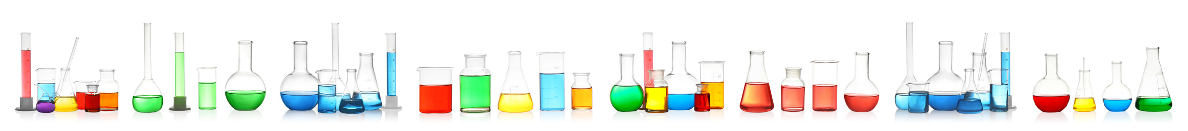 Image of Set of laboratory glassware with colorful liquids on white background. Banner design