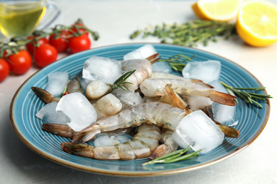 Photo of Fresh raw shrimps with rosemary and ice cubes on light grey marble table