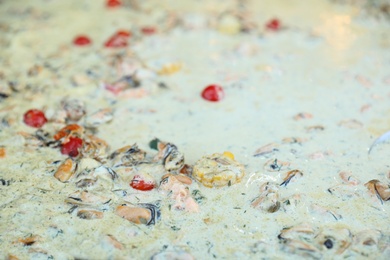 Photo of Delicious soup with vegetables and cream, closeup