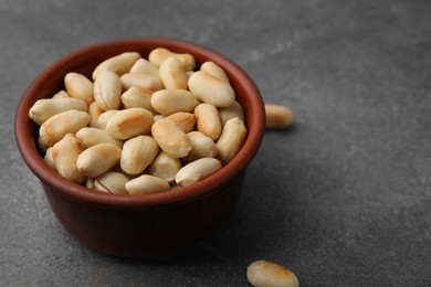 Photo of Roasted peanuts in bowl on brown table, closeup. Space for text