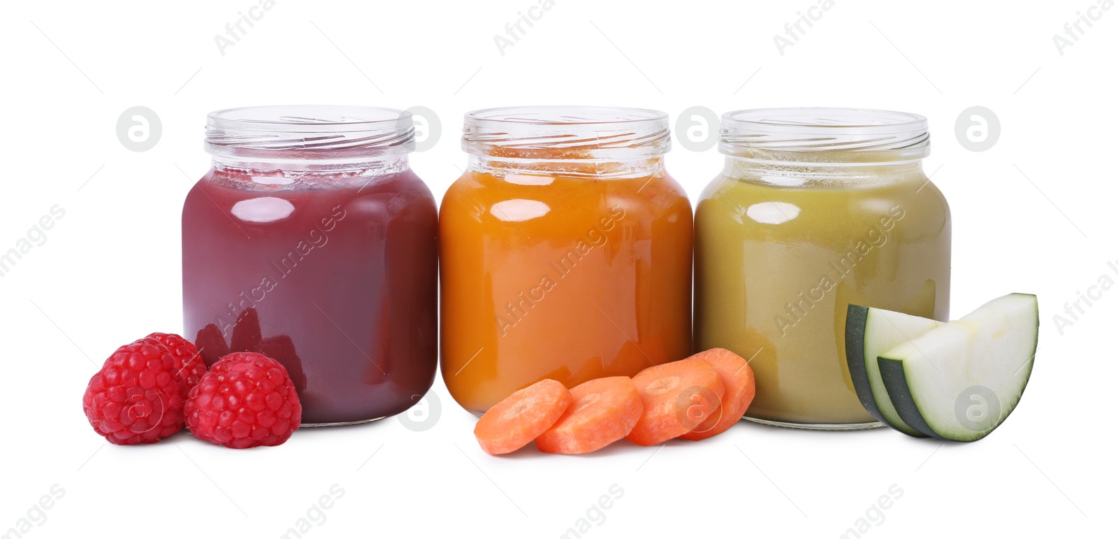 Photo of Jars of healthy baby food and ingredients isolated on white