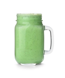 Photo of Mason jar with delicious detox smoothie on white background