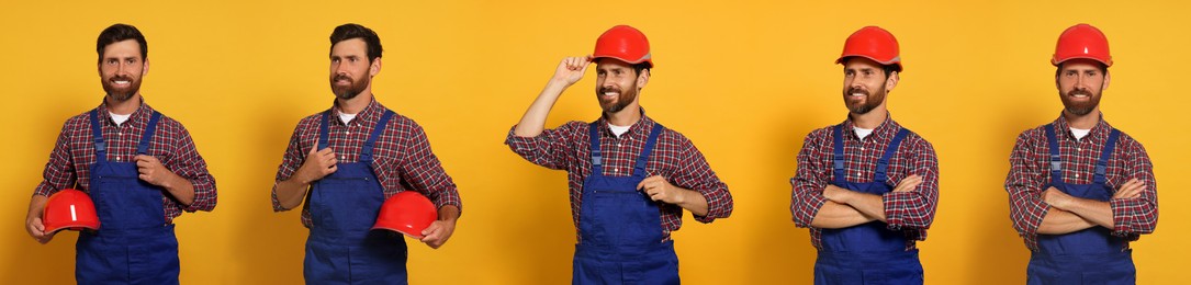 Image of Photos of builder on orange background, collage design
