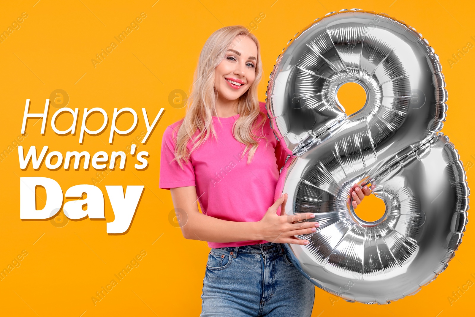 Image of Happy Women's Day - March 8. Attractive lady holding foil balloon in shape of number 8 on orange background