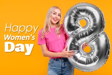 Image of Happy Women's Day - March 8. Attractive lady holding foil balloon in shape of number 8 on orange background