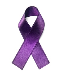 Purple ribbon on white background, top view. Domestic violence awareness