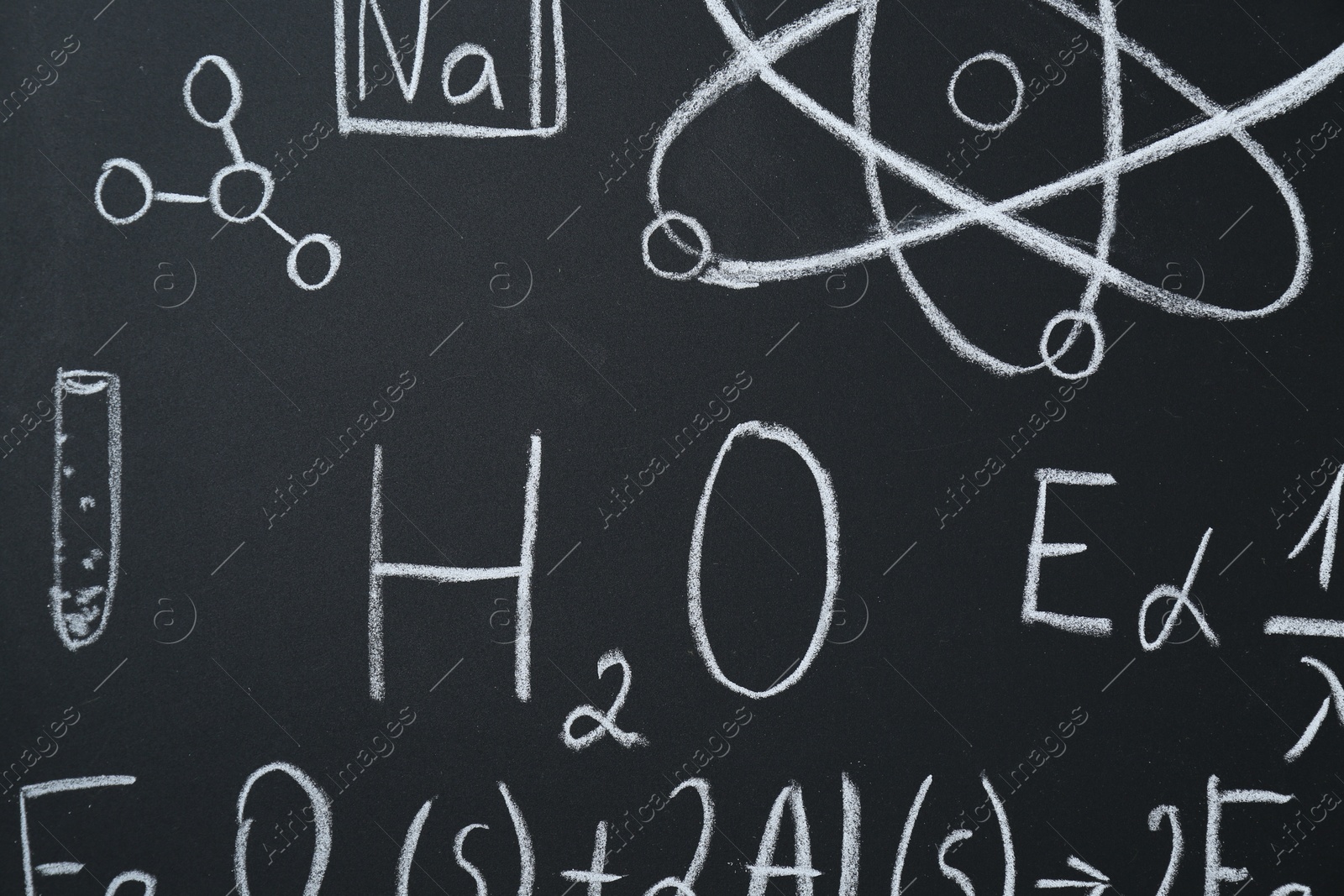 Photo of Different mathematical formulas written with chalk on blackboard