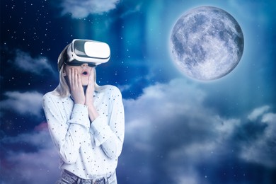 Image of Woman using virtual reality headset and getting in simulated futuristic world 