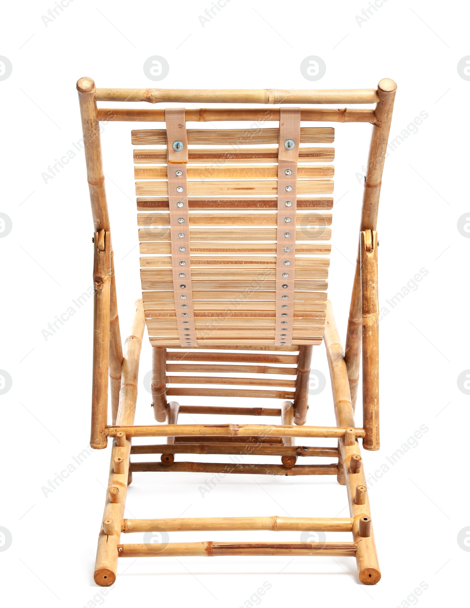 Photo of Empty wooden beach sunbed on white background