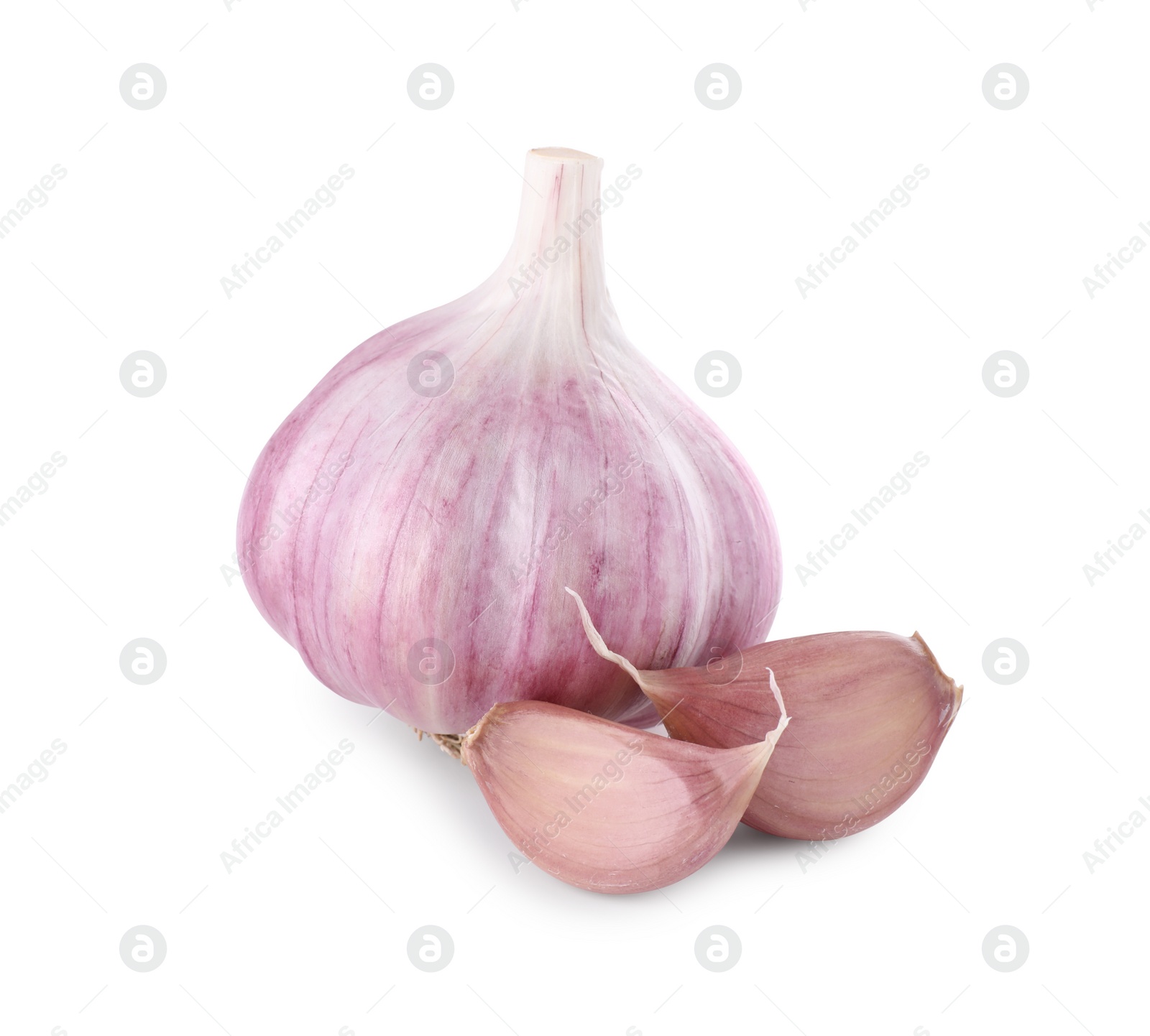 Photo of Fresh raw garlic head and cloves isolated on white