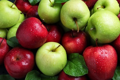 Fresh ripe green and red apples with water drops as background, top view